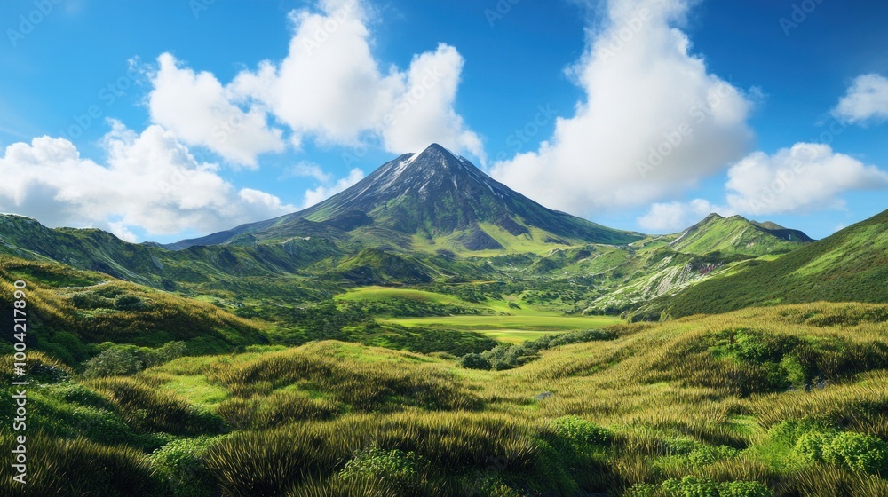 Fototapeta premium Majestic mountain landscape with lush greenery and dramatic clouds.