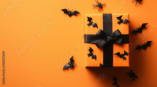 Obraz na płótnie Halloween gift box with black bats and spiders arranged neatly on an orange background, perfect for spooky celebrations w salonie