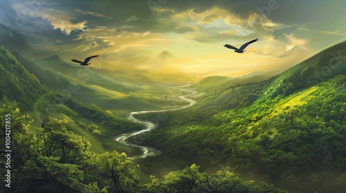 A pair of birds soaring above a lush green valley with a winding river below.