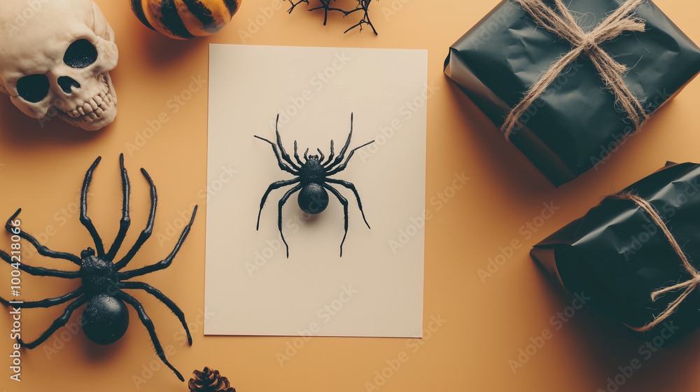 Halloween card concept featuring a spider, a gift box wrapped in dark paper, and a skull as decorative elements, arranged around a blank greeting card on a light orange background