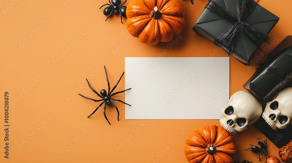 Halloween card concept featuring a spider, a gift box wrapped in dark paper, and a skull as decorative elements, arranged around a blank greeting card on a light orange background