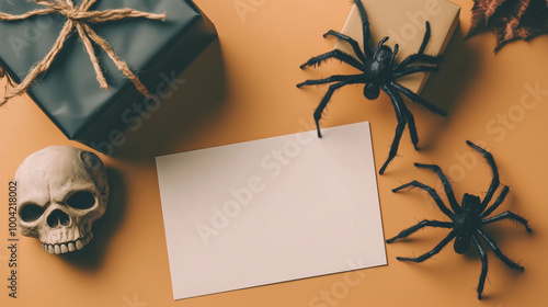 Halloween card concept featuring a spider, a gift box wrapped in dark paper, and a skull as decorative elements, arranged around a blank greeting card on a light orange background