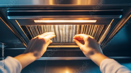 The hands of a lady attempting to clean a stove hood filter by removing it. Clean your filters every two to three months, depending on how you cook. photo