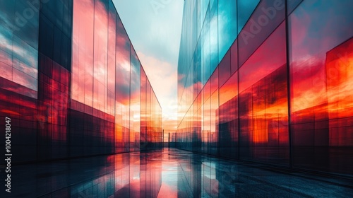 A stunning view of vibrant sunset reflections against sleek glass facades, creating a surreal atmosphere.