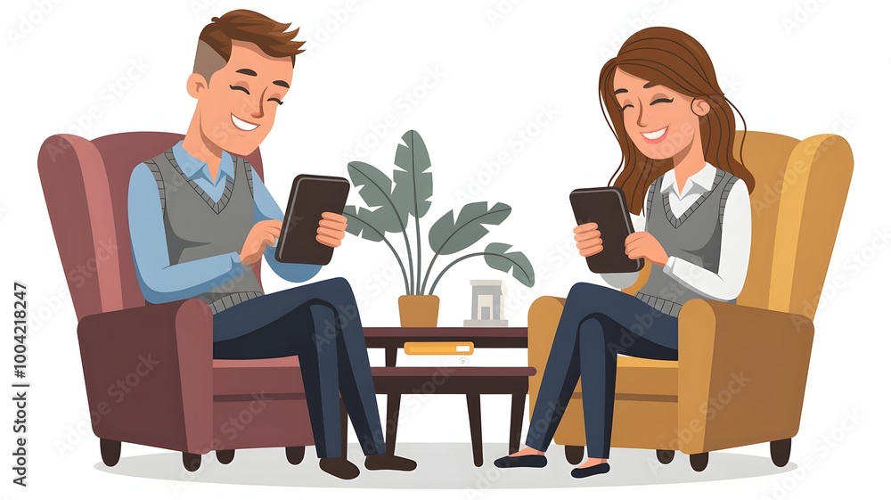 Obraz premium Male and Female Characters Comfortably Seated On Armchairs, Engrossed In Their Tablets, Browsing And Shopping Online, With Expressions Of Leisure And Satisfaction. Cartoon People Illustration