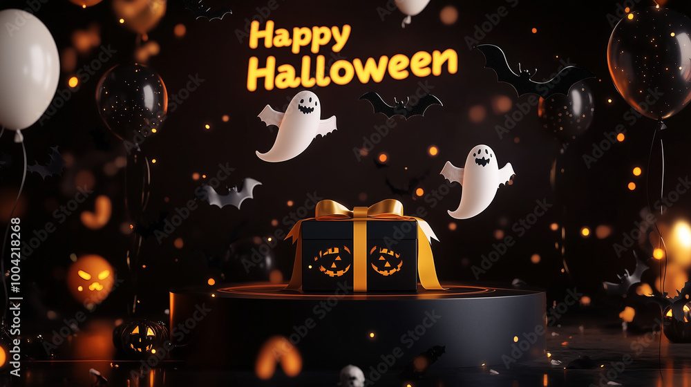Floating ghost and bat balloons above a black podium, a Halloween gift box with deep yellow ribbon, and a glowing Happy Halloween banner in the background
