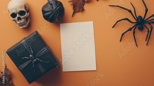 Obraz na płótnie Halloween card concept featuring a spider, a gift box wrapped in dark paper, and a skull as decorative elements, arranged around a blank greeting card on a light orange background w salonie