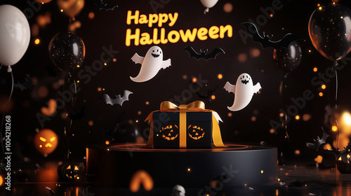 Floating ghost and bat balloons above a black podium, a Halloween gift box with deep yellow ribbon, and a glowing Happy Halloween banner in the background