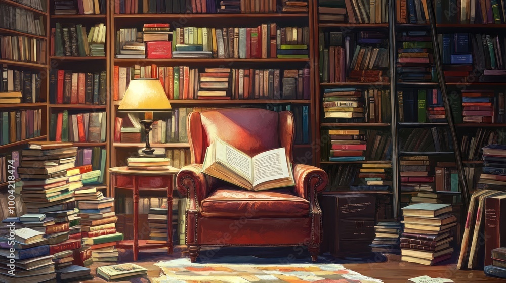 Cozy reading nook with a plush armchair surrounded by bookshelves filled with colorful books. Cozy reading nook with a plush armchair surrounded by bookshelves filled with colorful books.