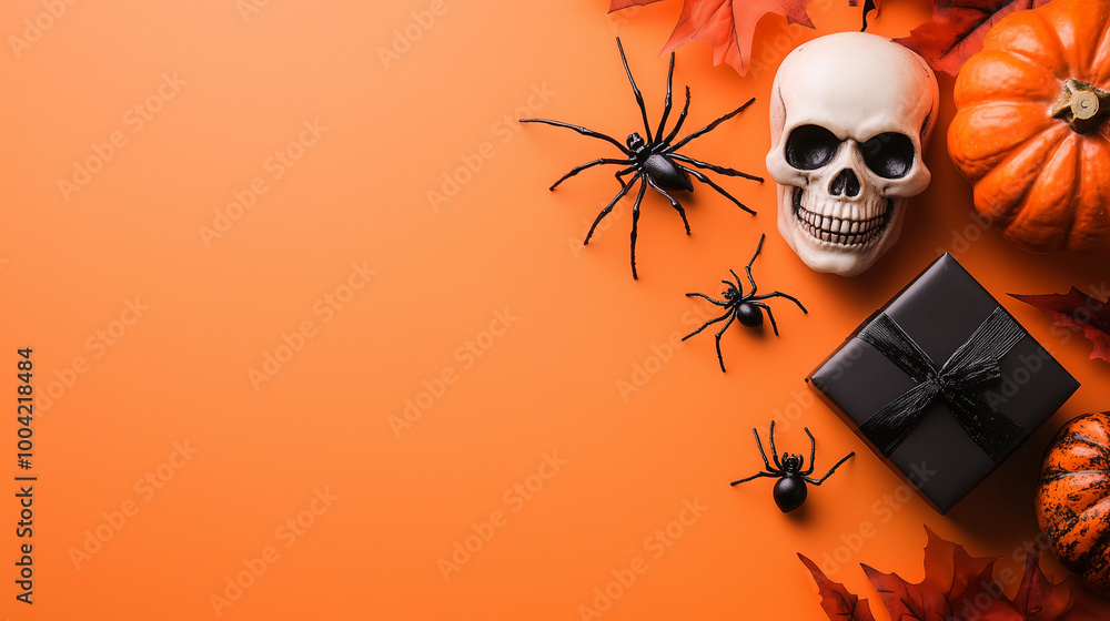 Flat lay of a Halloween-themed greeting card with space for text, surrounded by a spider, skull, and a small gift box, isolated on a soft orange background