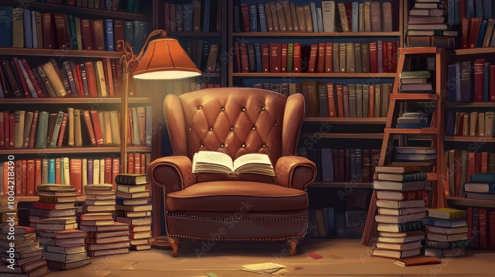 Cozy reading nook with a brown armchair and open book, surrounded by towering bookshelves in warm light. Cozy reading nook with a brown armchair and open book, surrounded by towering bookshelves in warm light.