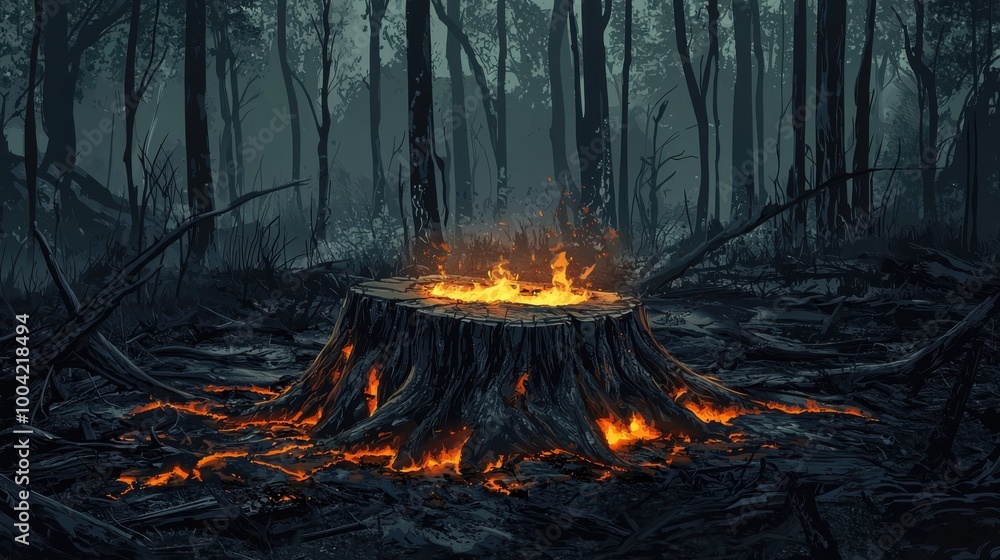 A haunting forest scene featuring a glowing stump surrounded by shadows and smoke, capturing the serene yet eerie ambiance of nature. A haunting forest scene featuring a glowing stump surrounded by shadows and smoke, capturing the serene yet eerie ambiance of nature.