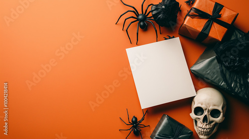 Flat lay of a Halloween-themed greeting card with space for text, surrounded by a spider, skull, and a small gift box, isolated on a soft orange background