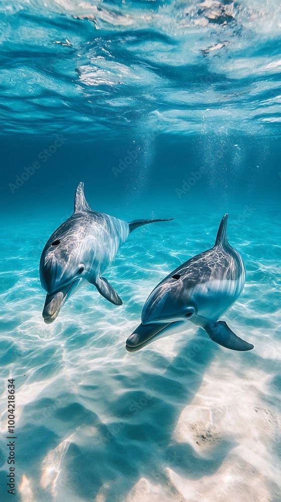 Fototapeta premium Pair of dolphins gliding smoothly through turquoise ocean waves