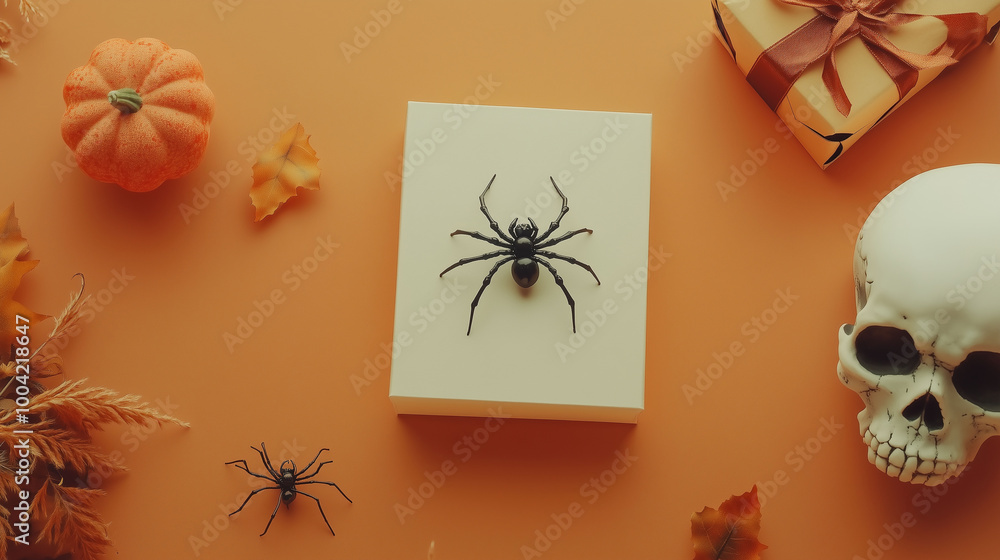 Creative Halloween greeting card copy space framed by spooky elements like a spider, a skull, and a small gift box, set against a light orange background