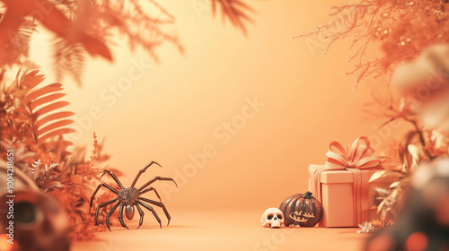 Creative Halloween greeting card copy space framed by spooky elements like a spider, a skull, and a small gift box, set against a light orange background