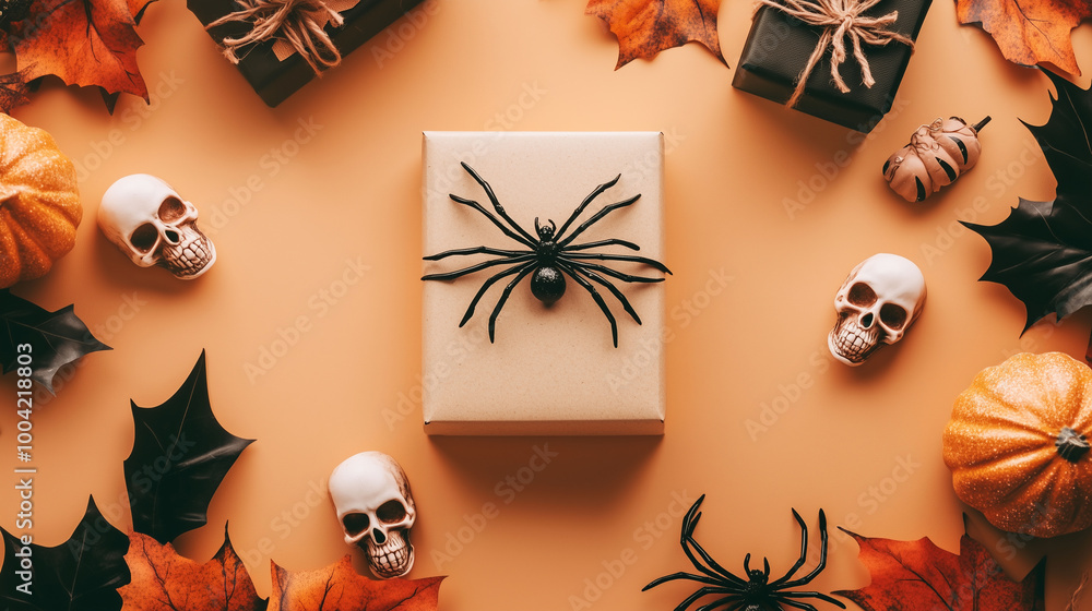 Creative Halloween greeting card copy space framed by spooky elements like a spider, a skull, and a small gift box, set against a light orange background
