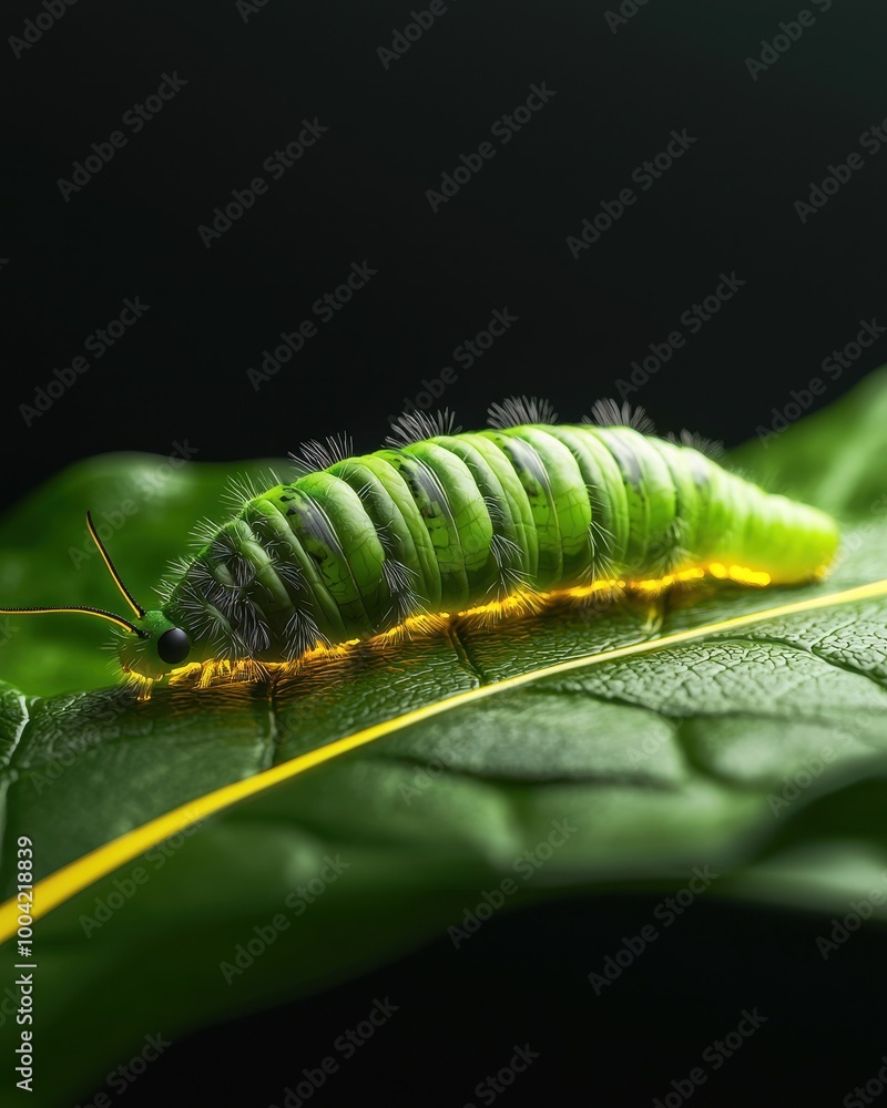 A vibrant green caterpillar resting on a lush leaf, showcasing nature's intricate beauty and detail in a macro perspective. A vibrant green caterpillar resting on a lush leaf, showcasing nature's intricate beauty and detail in a macro perspective.