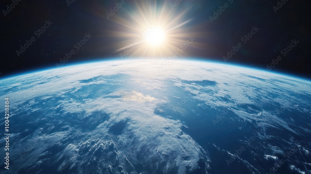 Fototapeta premium A breathtaking view of Earth from space, showcasing the bright sun rising above the serene blue oceans and fluffy white clouds.