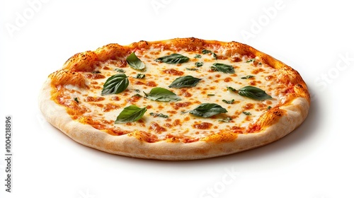 Fresh Margherita Pizza with Basil Leaves on White Background