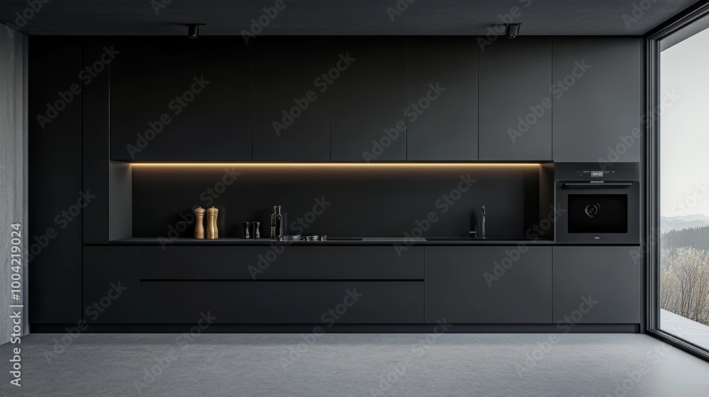 Modern Black Kitchen with Minimalist Design. Modern Black Kitchen with Minimalist Design.