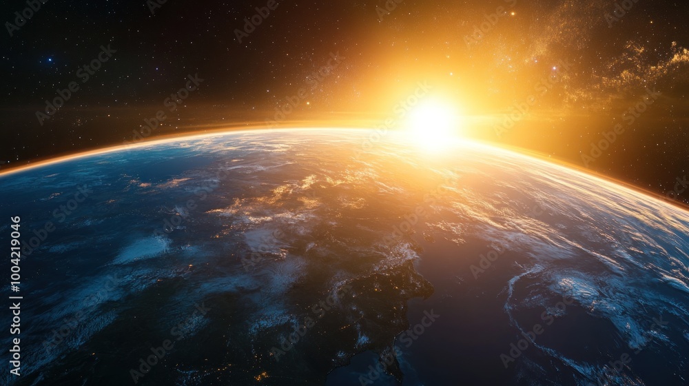 Obraz premium A breathtaking view of Earth from space, showcasing a serene sunrise over the horizon with vibrant colors.