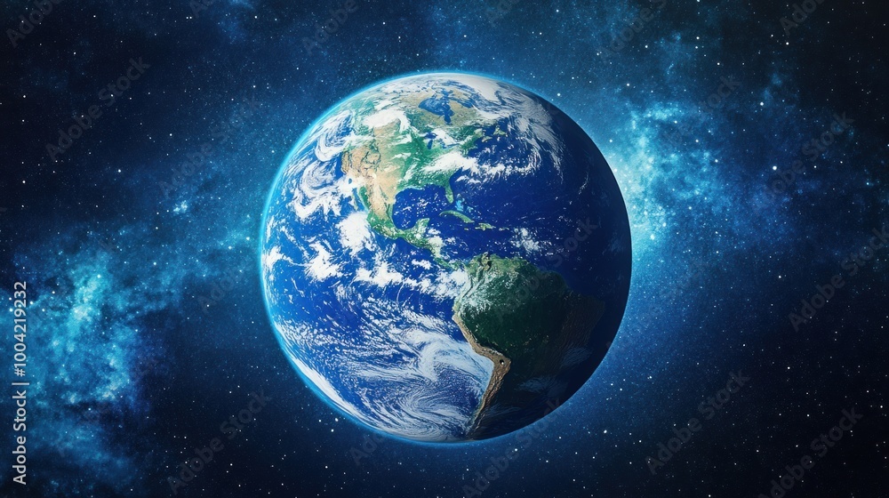 Fototapeta premium A stunning view of Earth from space, showcasing vibrant blues and greens against a starry backdrop.