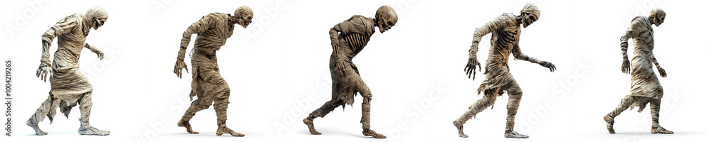 Halloween mummies walking isolated on white. Collage of five mummified egyptian scary creatures Halloween mummies walking isolated on white. Collage of five mummified egyptian scary creatures