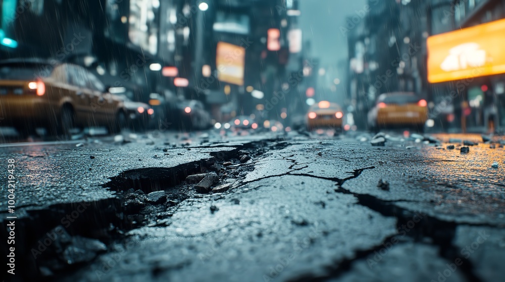 A Wide View Image of a City Street in Very Poor Condition Riddled with Potholes and Damaged Asphalt A Wide View Image of a City Street in Very Poor Condition Riddled with Potholes and Damaged Asphalt