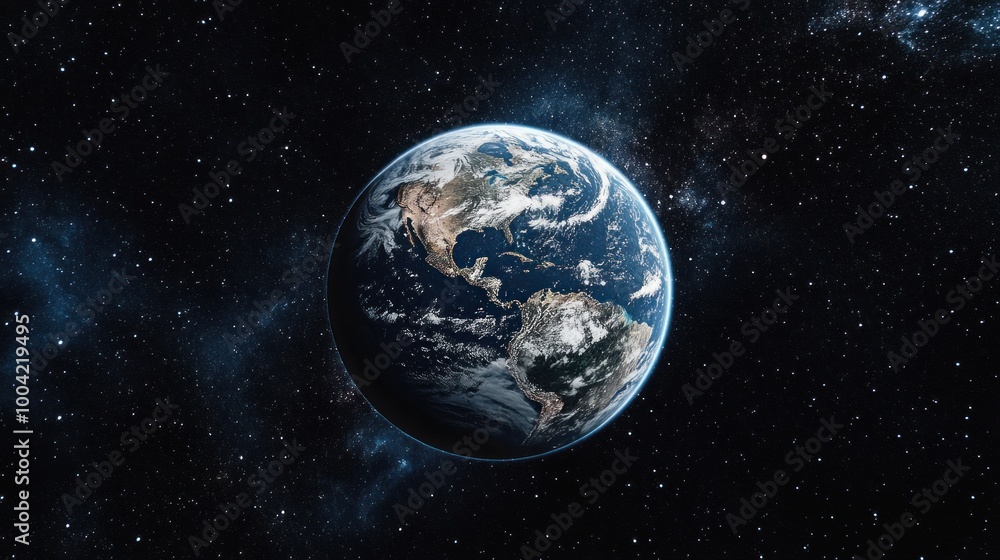 A stunning view of Earth from space, showcasing the Americas with vibrant blue oceans and white cloud formations. A stunning view of Earth from space, showcasing the Americas with vibrant blue oceans and white cloud formations.