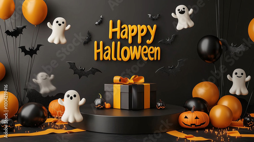 Obraz na płótnie Black round podium with floating ghost and bat balloons, Halloween gift box wrapped in deep yellow ribbon, and a Happy Halloween banner glowing in bold letters w salonie