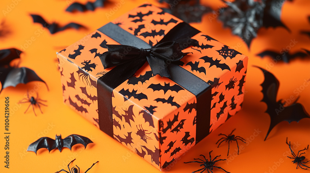 A vibrant Halloween gift box surrounded by eerie black bats and spiders, set on a bright orange backdrop