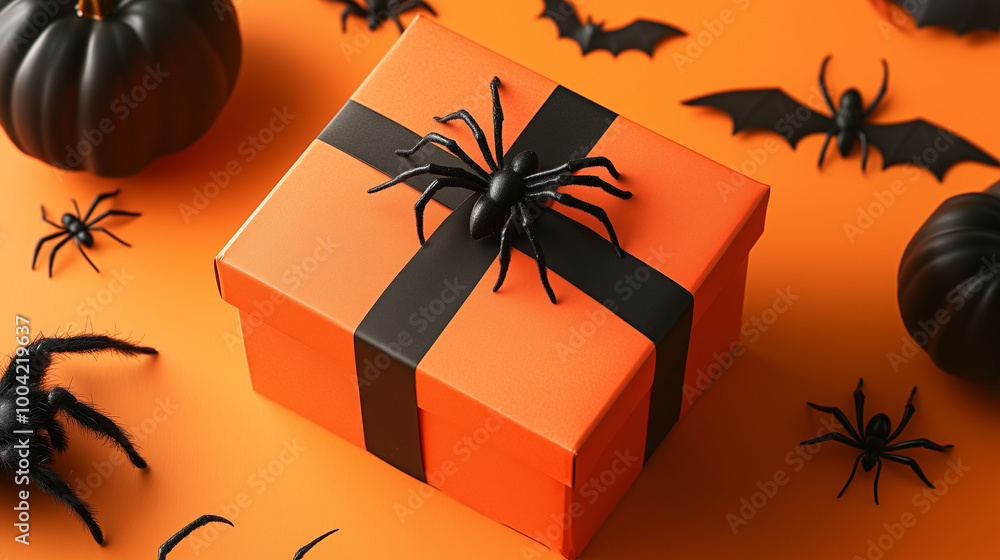 A vibrant Halloween gift box surrounded by eerie black bats and spiders, set on a bright orange backdrop