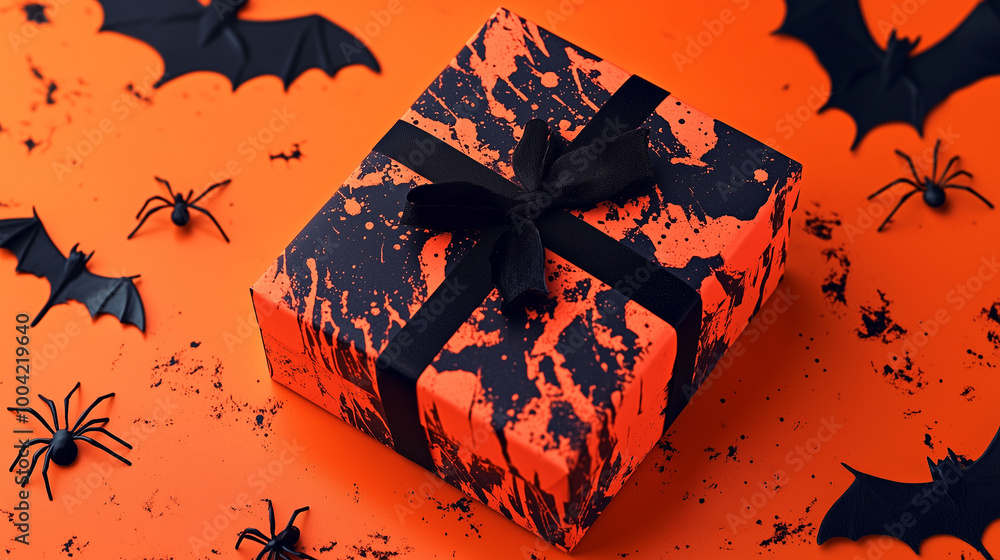 A vibrant Halloween gift box surrounded by eerie black bats and spiders, set on a bright orange backdrop