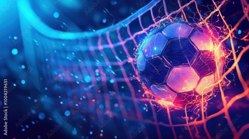 A vibrant soccer ball bursting through the net, surrounded by dynamic blue and purple lights, depicting energy and excitement in sports. A vibrant soccer ball bursting through the net, surrounded by dynamic blue and purple lights, depicting energy and excitement in sports.