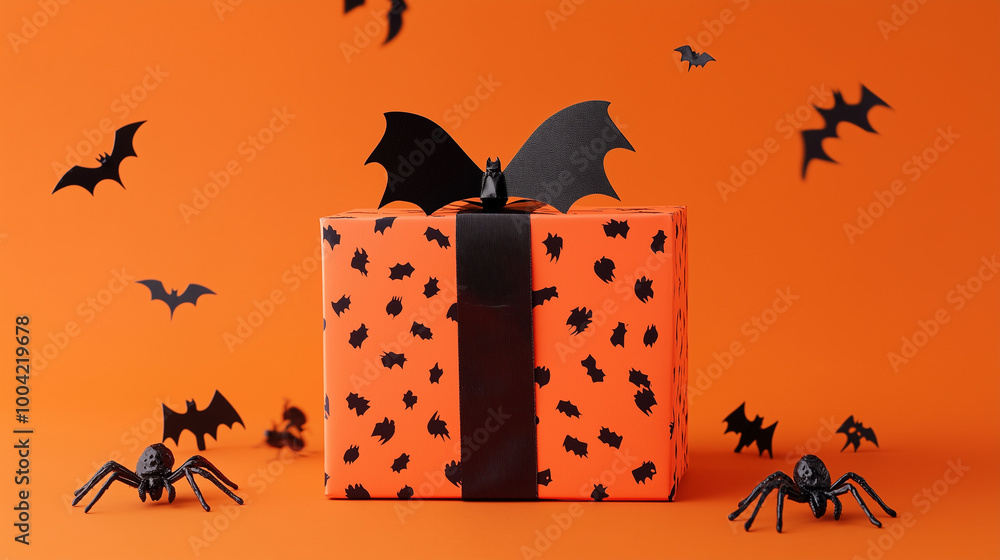A vibrant Halloween gift box surrounded by black bats and spiders set on a bright orange backdrop, perfect for spooky celebrations