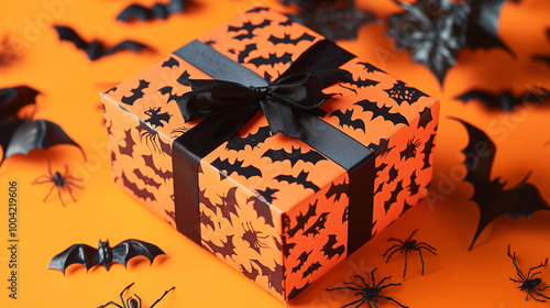 Obraz na płótnie A vibrant Halloween gift box surrounded by eerie black bats and spiders, set on a bright orange backdrop w salonie