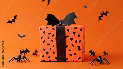 Obraz na płótnie A vibrant Halloween gift box surrounded by black bats and spiders set on a bright orange backdrop, perfect for spooky celebrations w salonie