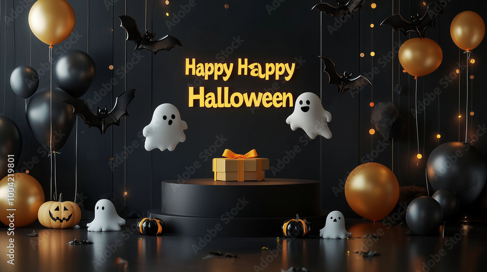 A spooky setup with a black podium, floating ghost and bat balloons, a yellow ribbon-tied gift box, and a glowing Happy Halloween banner