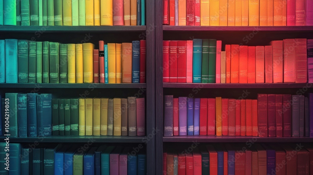Fototapeta premium A vibrant rainbow bookshelf filled with colorful books in assorted shades, showcasing a spectrum of knowledge and creativity.