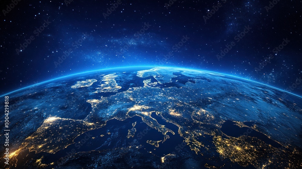 A stunning view of Earth from space, showcasing Europe illuminated at night against a deep cosmic backdrop. A stunning view of Earth from space, showcasing Europe illuminated at night against a deep cosmic backdrop.
