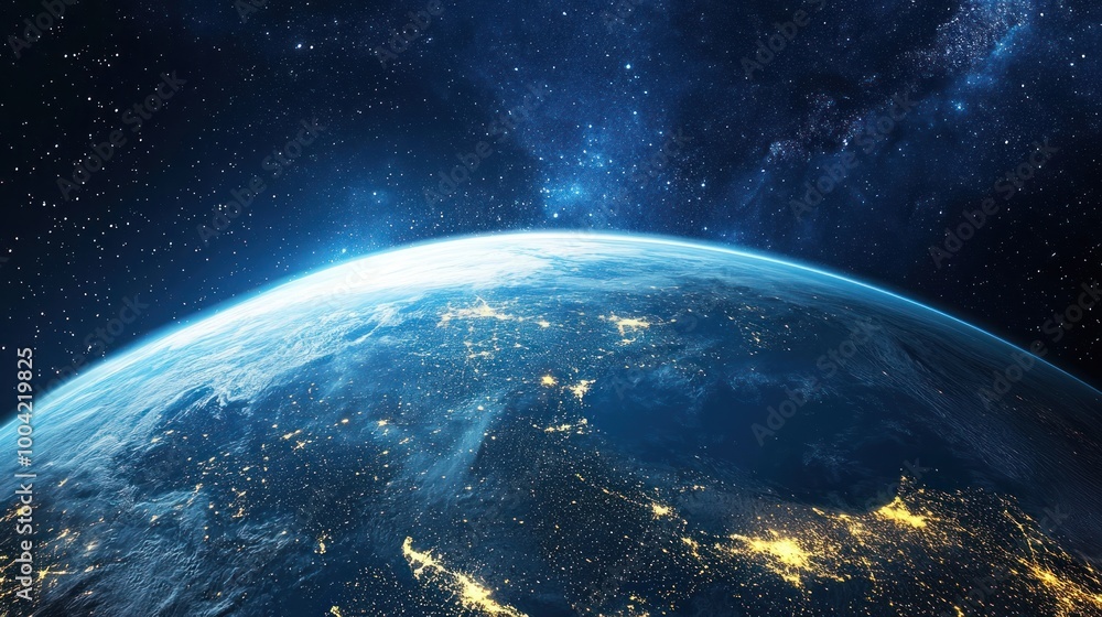 A breathtaking view of Earth from space, highlighting glowing city lights against a backdrop of stars. A breathtaking view of Earth from space, highlighting glowing city lights against a backdrop of stars.