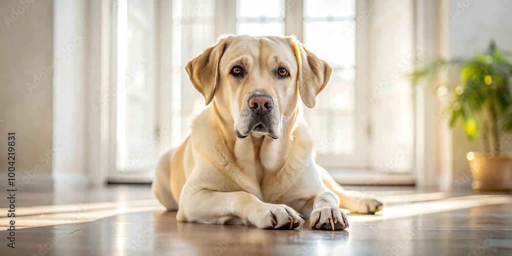 A large labrador dog lying down inside a bright indoor A large labrador dog lying down inside a bright indoor