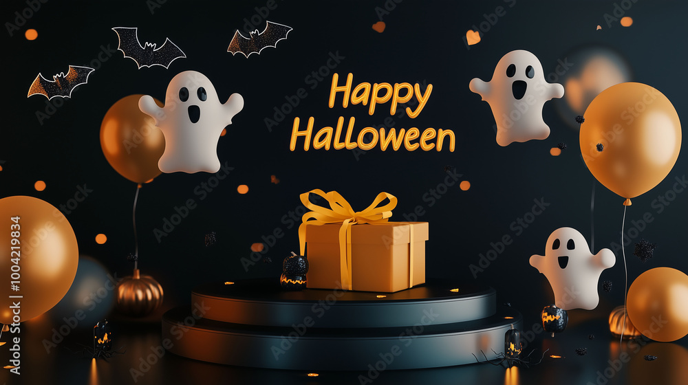 A spooky setup with a black podium, floating ghost and bat balloons, a yellow ribbon-tied gift box, and a glowing Happy Halloween banner