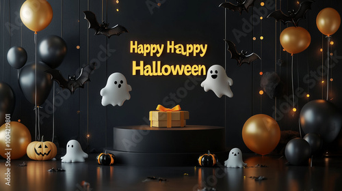 Obraz na płótnie A spooky setup with a black podium, floating ghost and bat balloons, a yellow ribbon-tied gift box, and a glowing Happy Halloween banner w salonie
