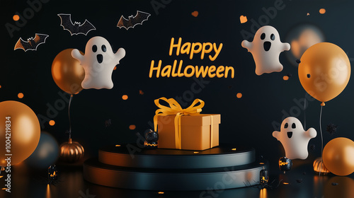 Obraz na płótnie A spooky setup with a black podium, floating ghost and bat balloons, a yellow ribbon-tied gift box, and a glowing Happy Halloween banner w salonie
