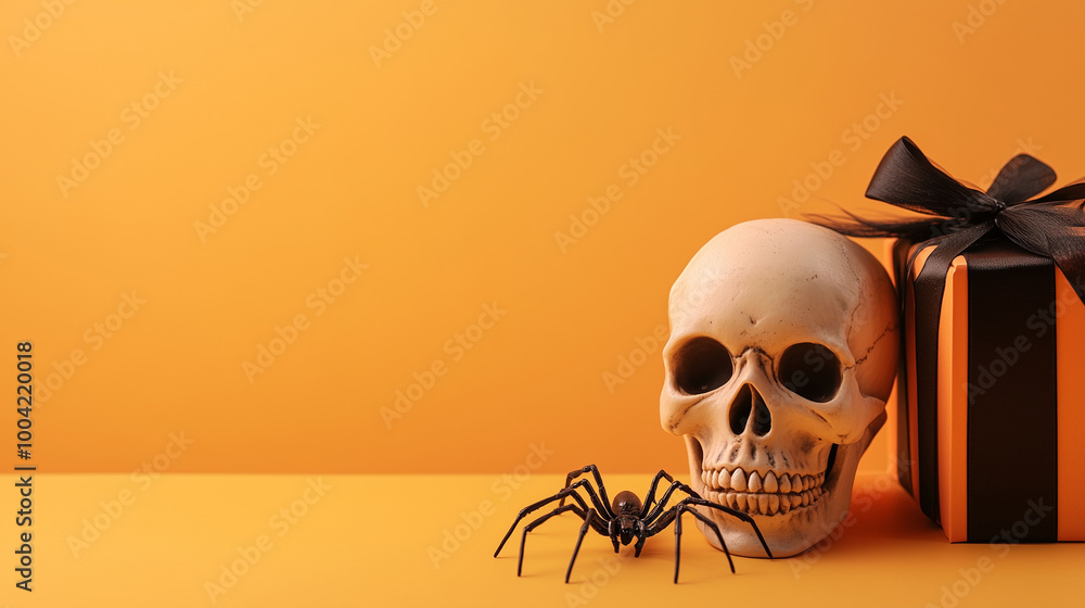 A spooky Halloween greeting card layout with a clean copy space, spider crawling nearby, and a skull next to a festive gift box on a light orange background