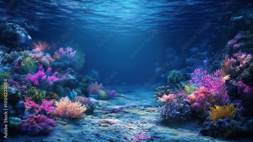 Fototapeta premium A vibrant underwater scene filled with various coral species in stunning colors under serene blue lighting.