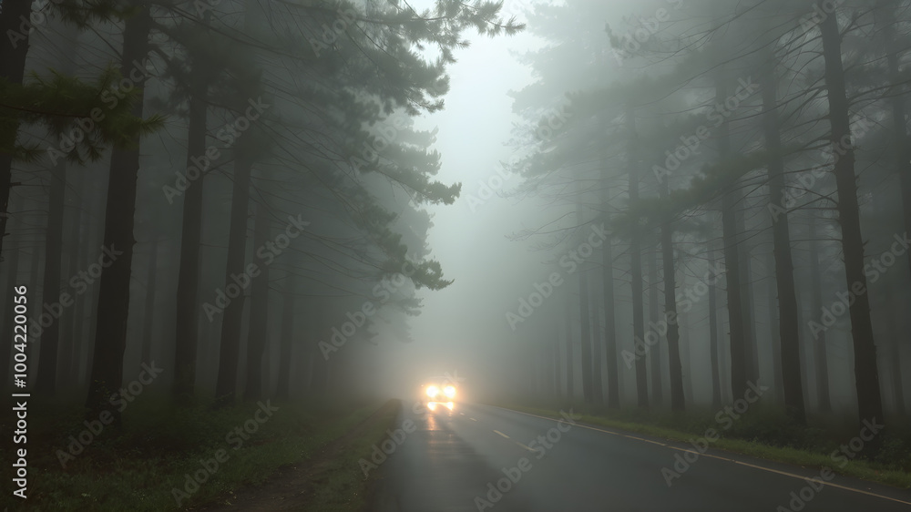 Obraz premium Misty Forest Road with Headlights in Foggy Atmosphere