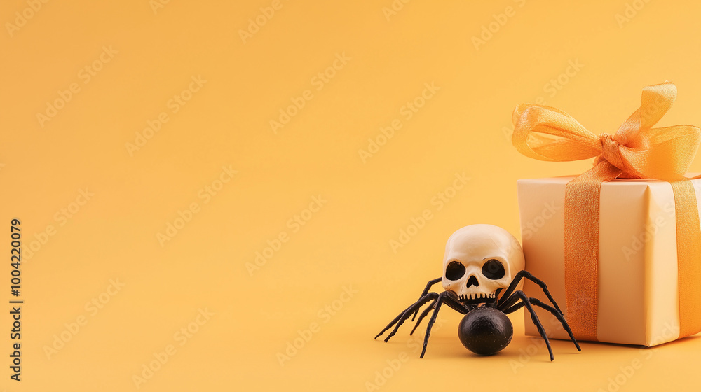 A spooky Halloween greeting card layout with a clean copy space, spider crawling nearby, and a skull next to a festive gift box on a light orange background